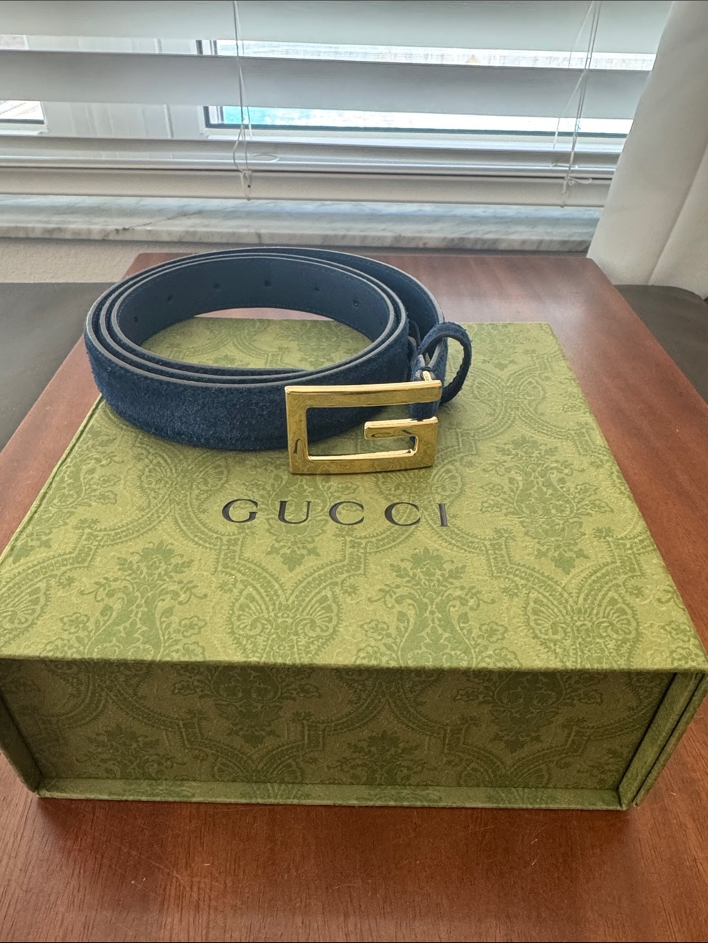 Gucci Navy Suede Belt with Gold Buckle